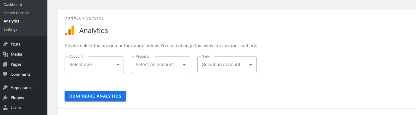 Configuring Google Analytics using the Google Site Kit plugin.