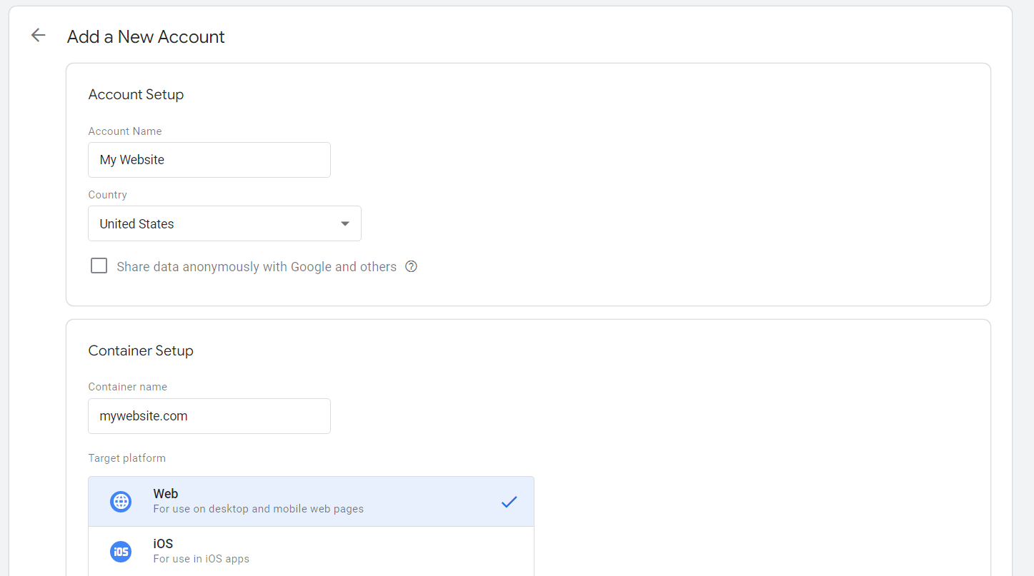 Adding a web property to Google Tag Manager in WordPress.