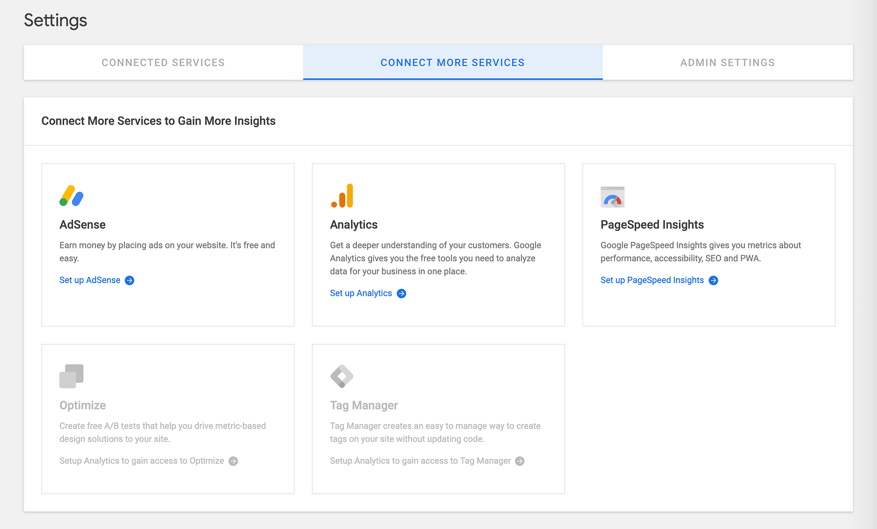 The Google Sit Kit Connect More Services setting.