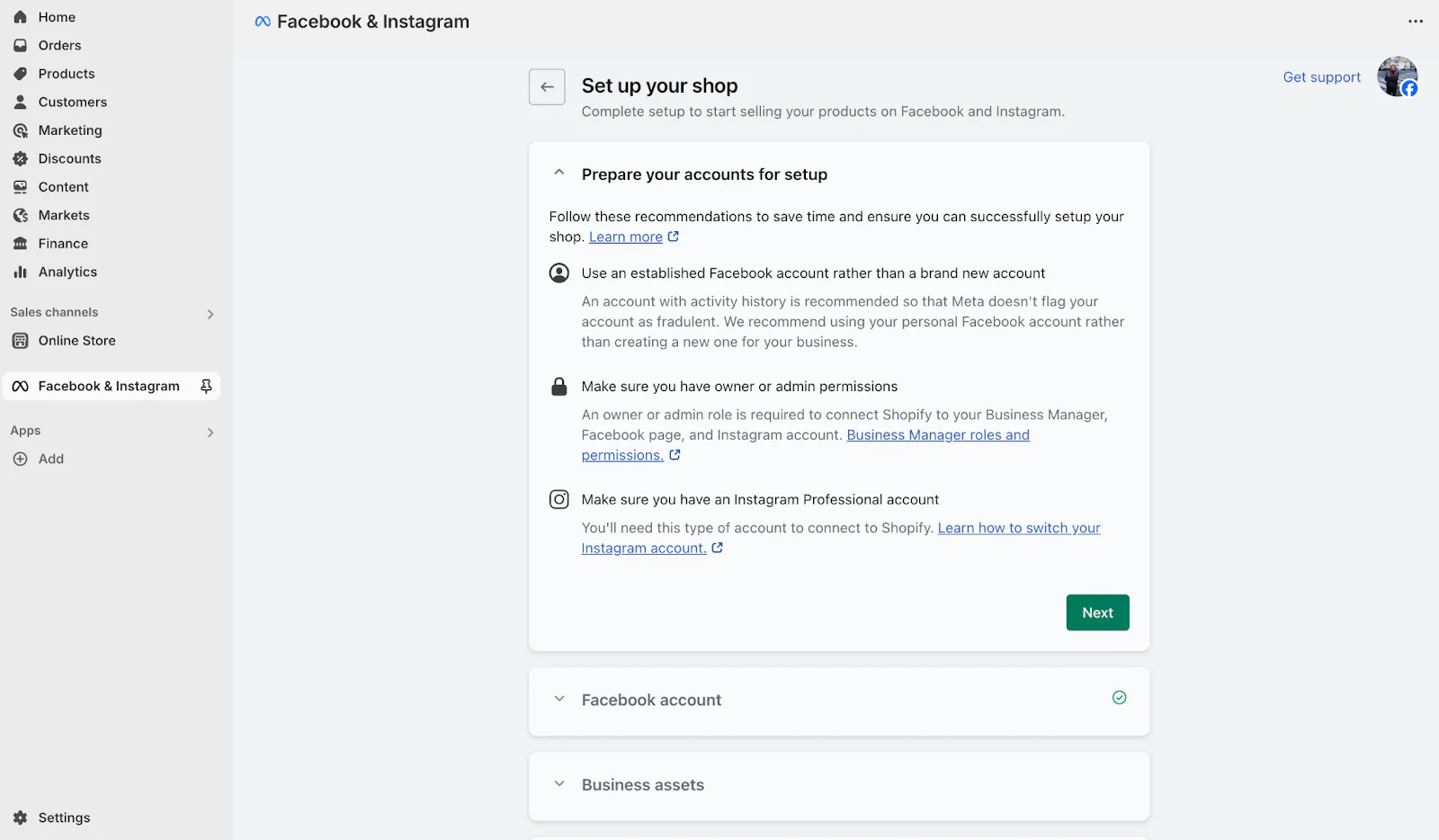 Screenshot of Facebook Shop setup page in Shopify Admin.