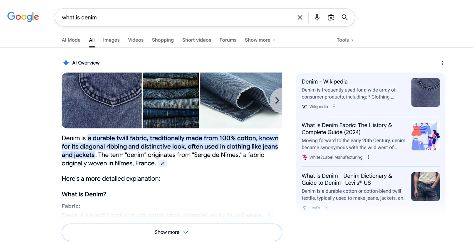 Google AI Overview for the query what is denim.