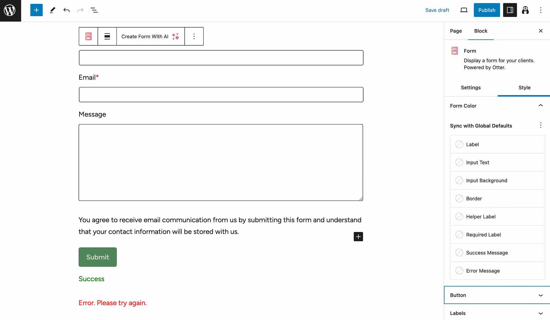 Style Settings for the Otter Blocks form block.