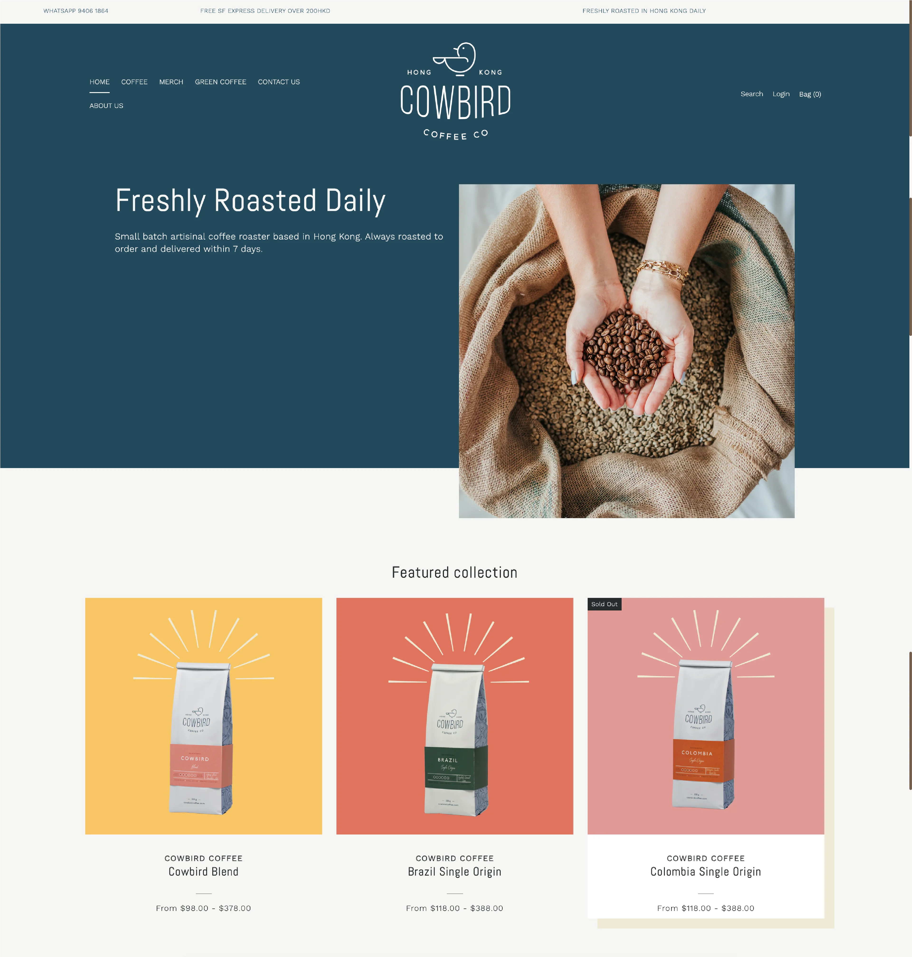 Cowbird Coffee Roasters’ flat design website.