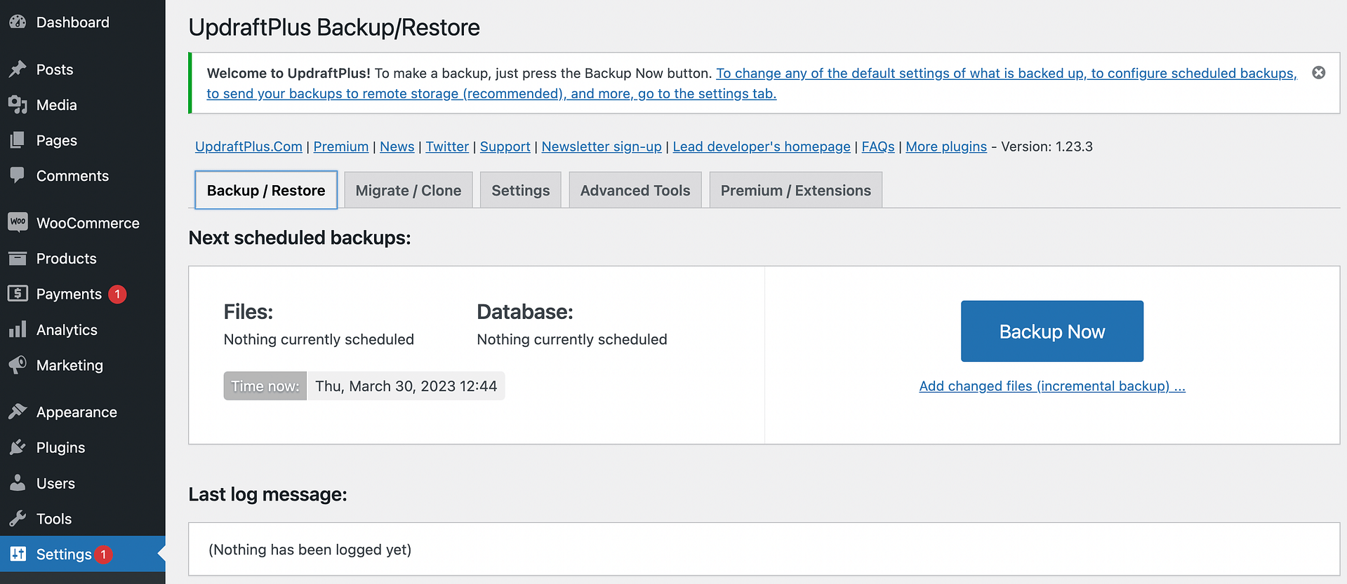Creating backup with UpdraftPlus