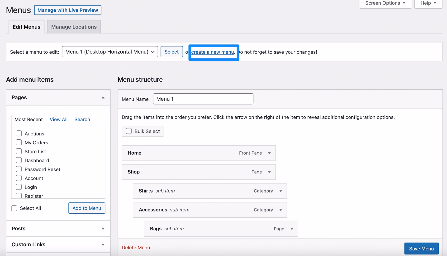 How to create a WordPress menu.
