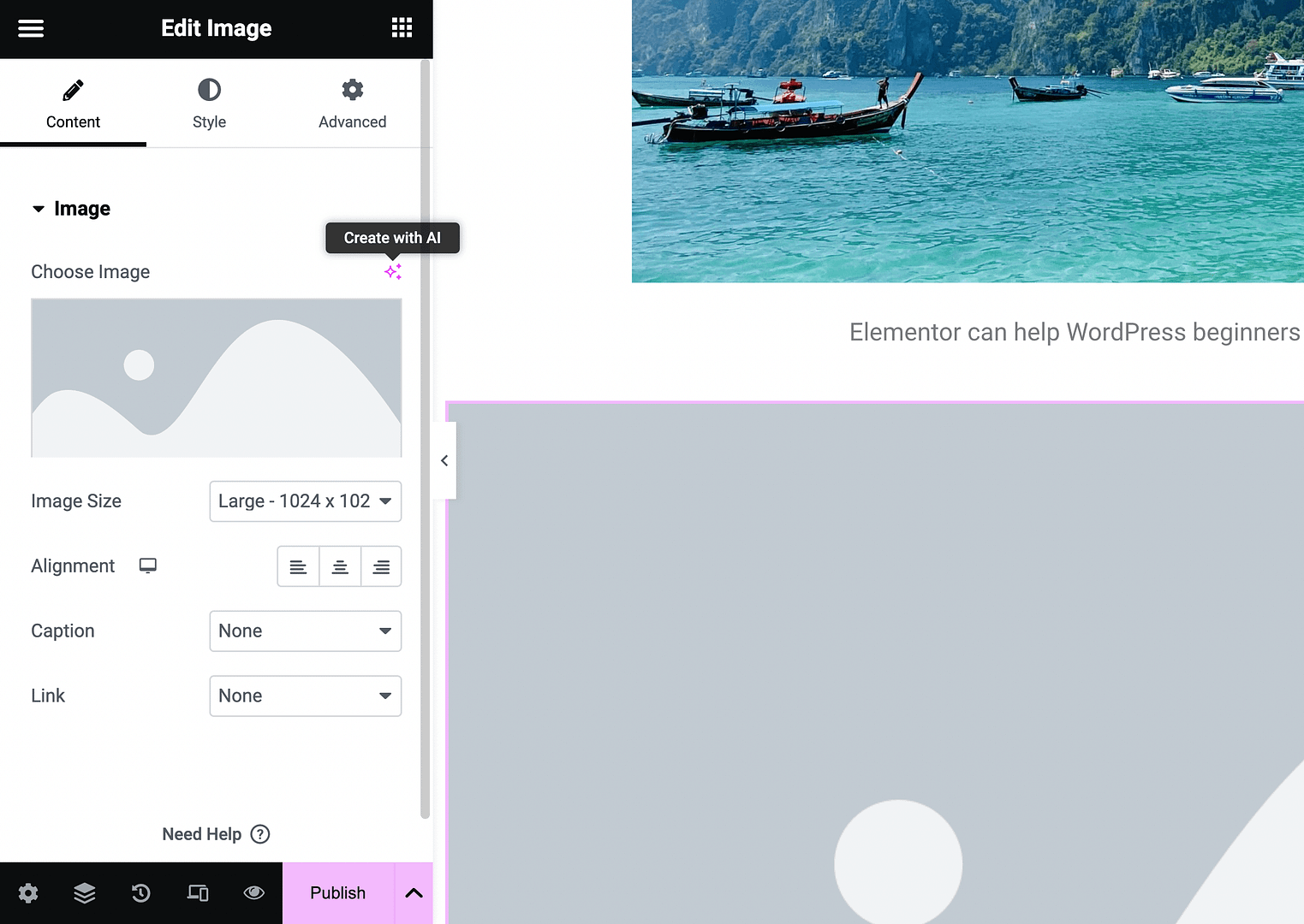 Create with AI button in Elementor.