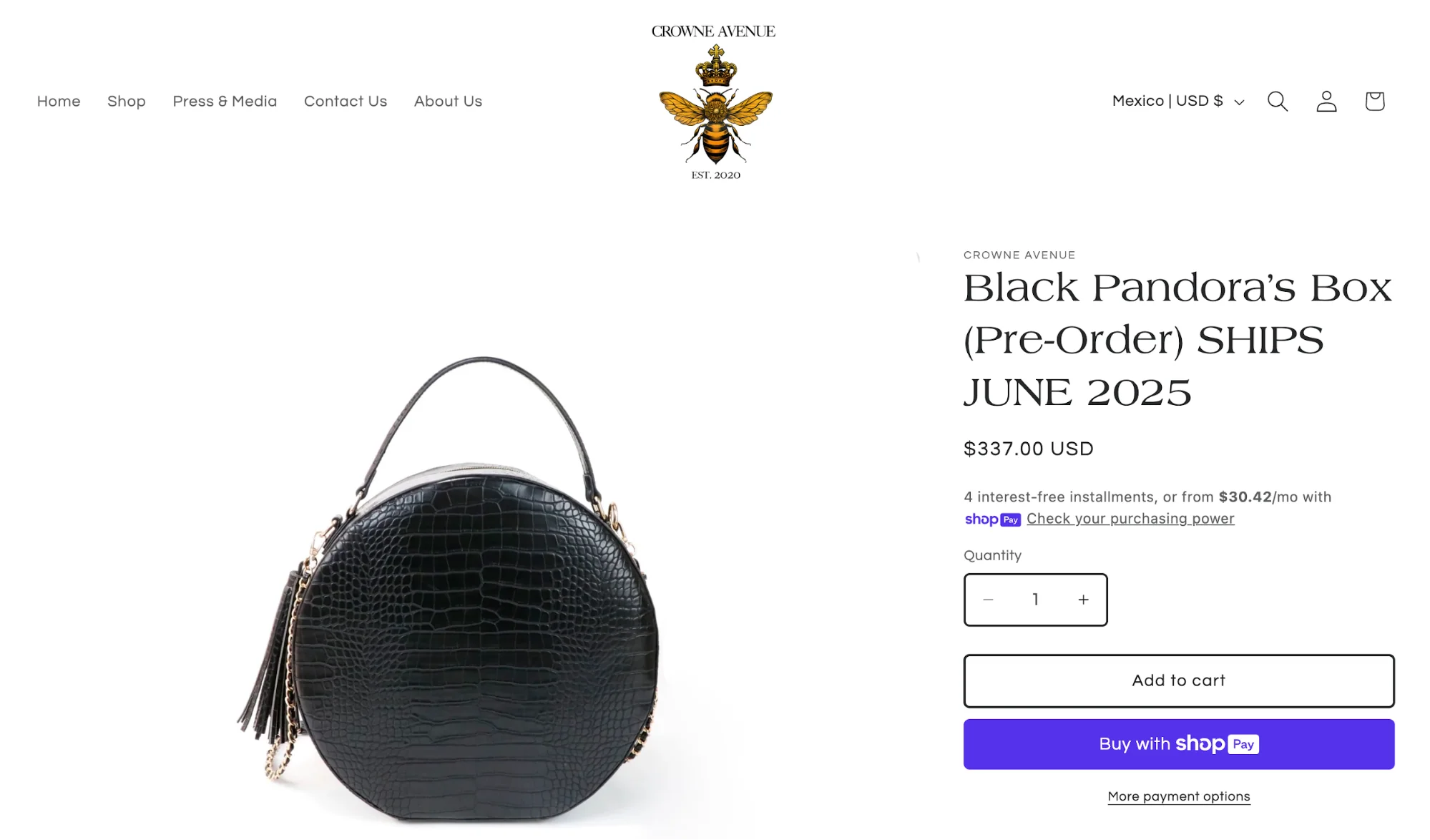 Crown Avenue Black Pandora’s Box product preorder page with Shop Pay installments option.