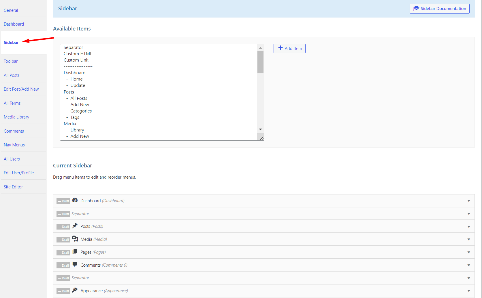 customize wp admin sidebar