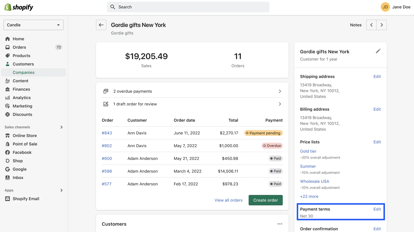 B2B customer profile in Shopify showing net-30 payment terms for wholesale orders.