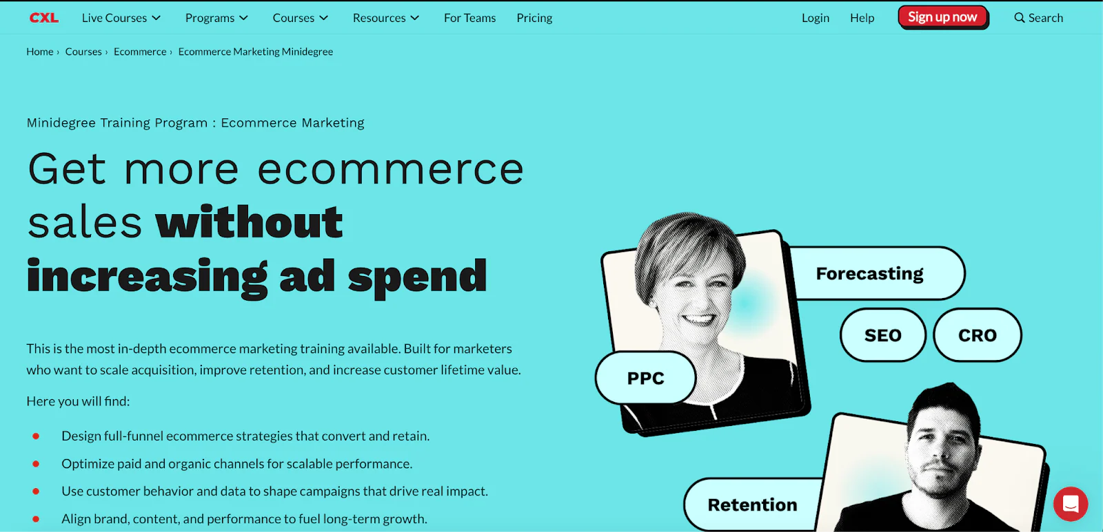 Landing page for CXL's Ecommerce Marketing Certification course.