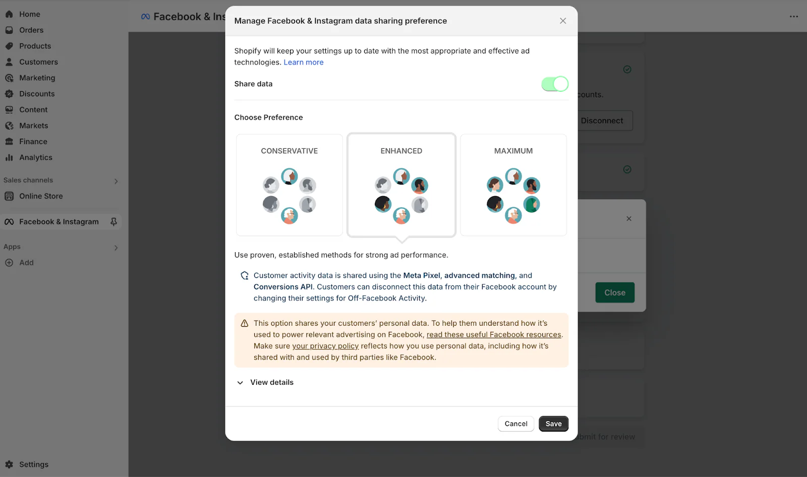 Screenshot of Meta data sharing options in Shopify admin.