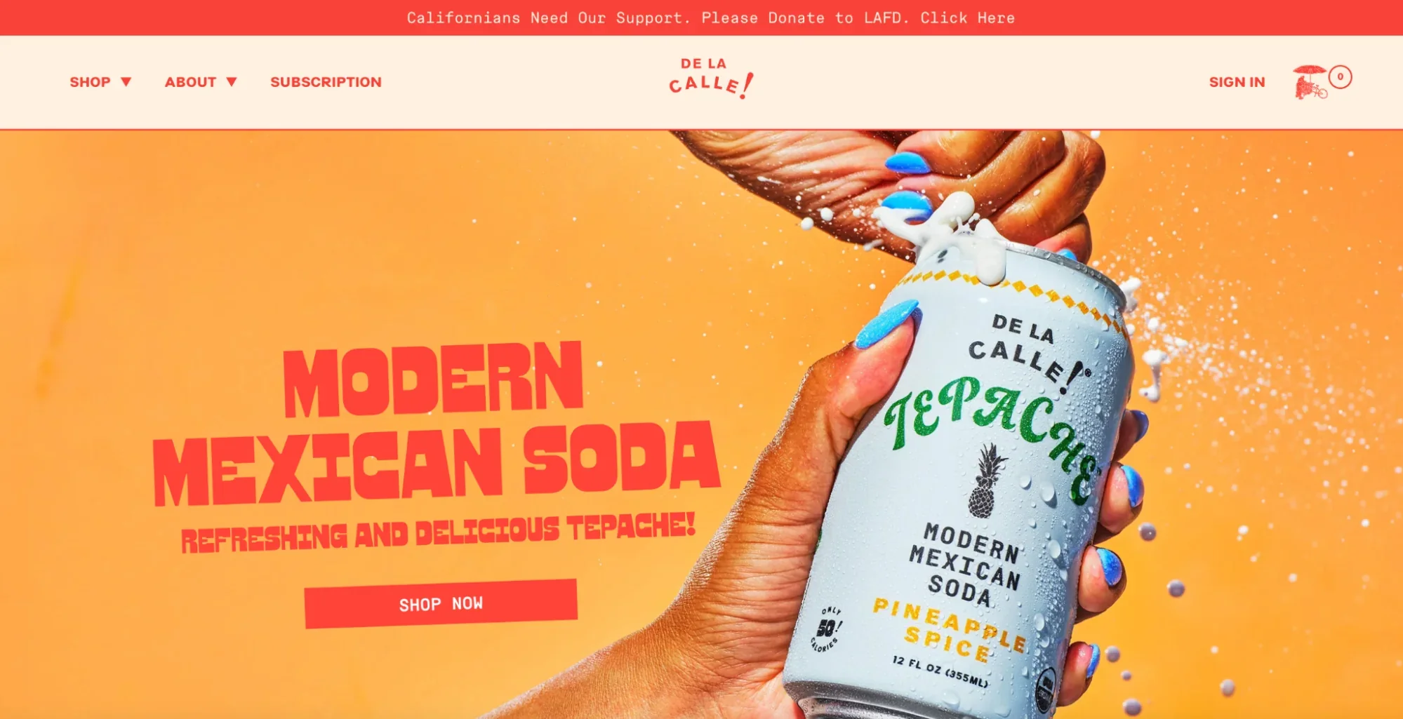 De La Calle! Home page with an orange and red hero image of