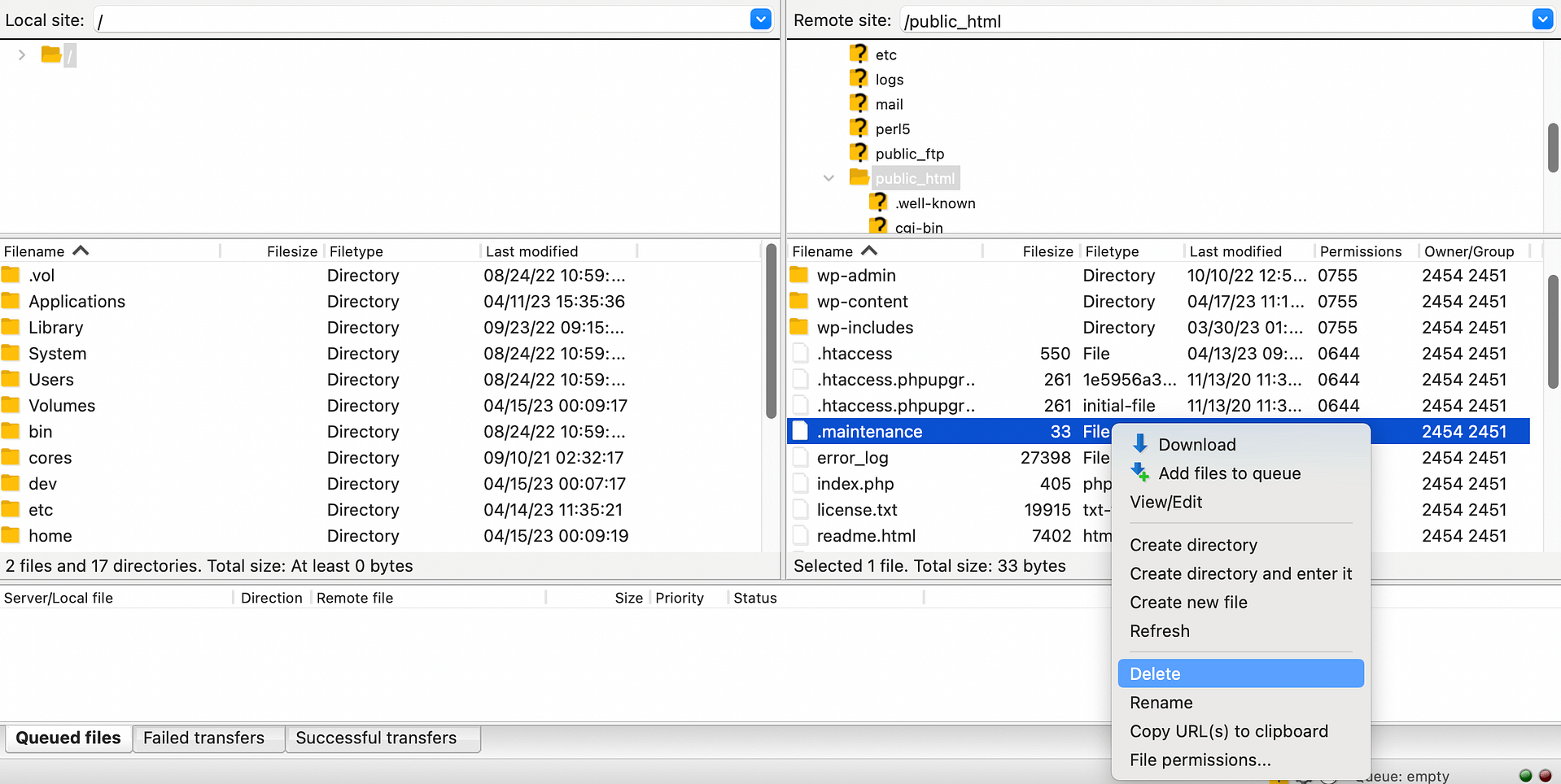 Delete the .maintenance file in FileZilla