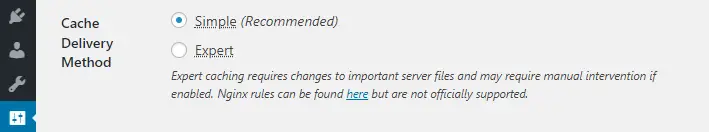 Choosing a cache delivery method for the WP Super Cache tutorial.