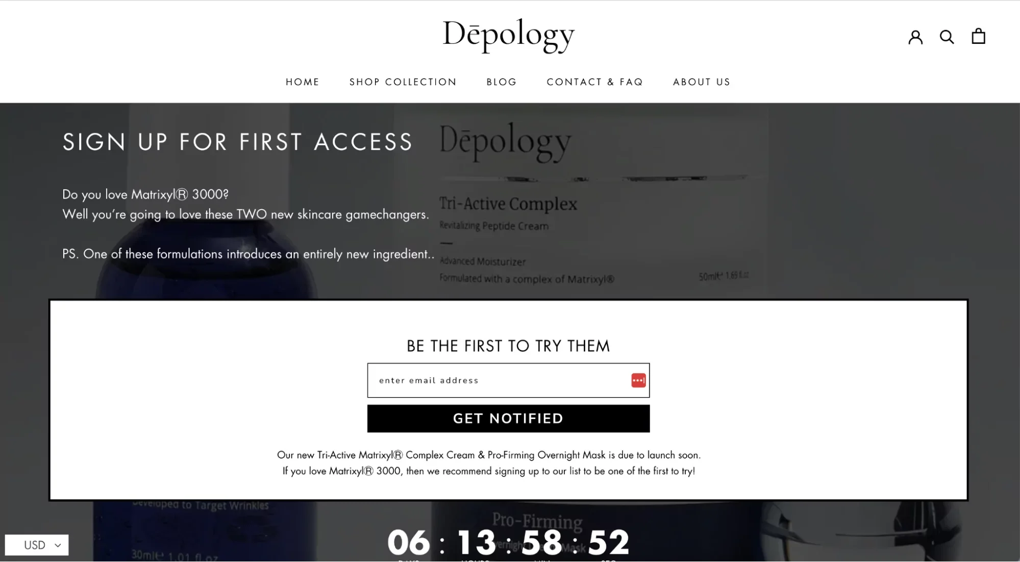 Depology employs two launch techniques: a countdown timer and a signup form.
