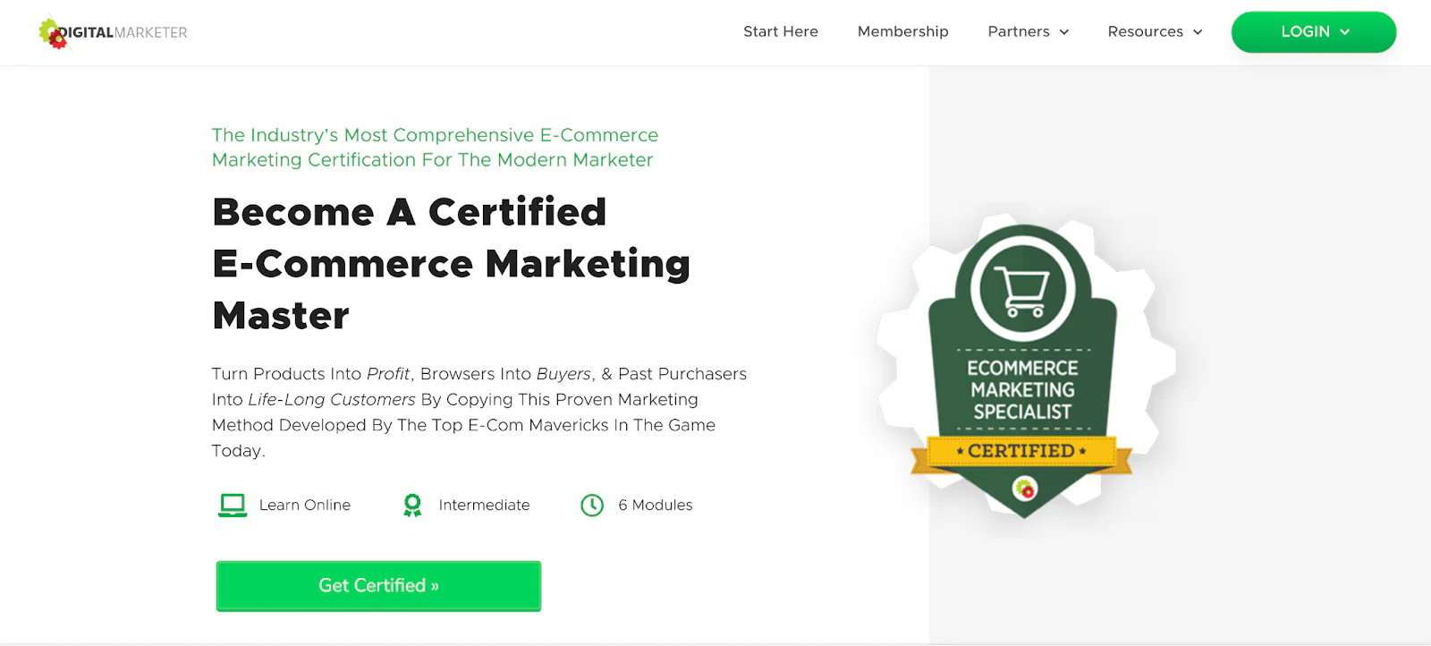 Landing page for DigitalMarketer's Become A Certified E-Commerce Marketing Master course.