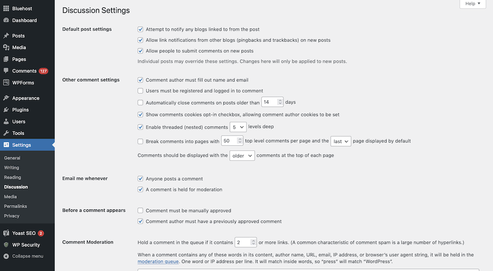 The WordPress Discussion Settings screen.