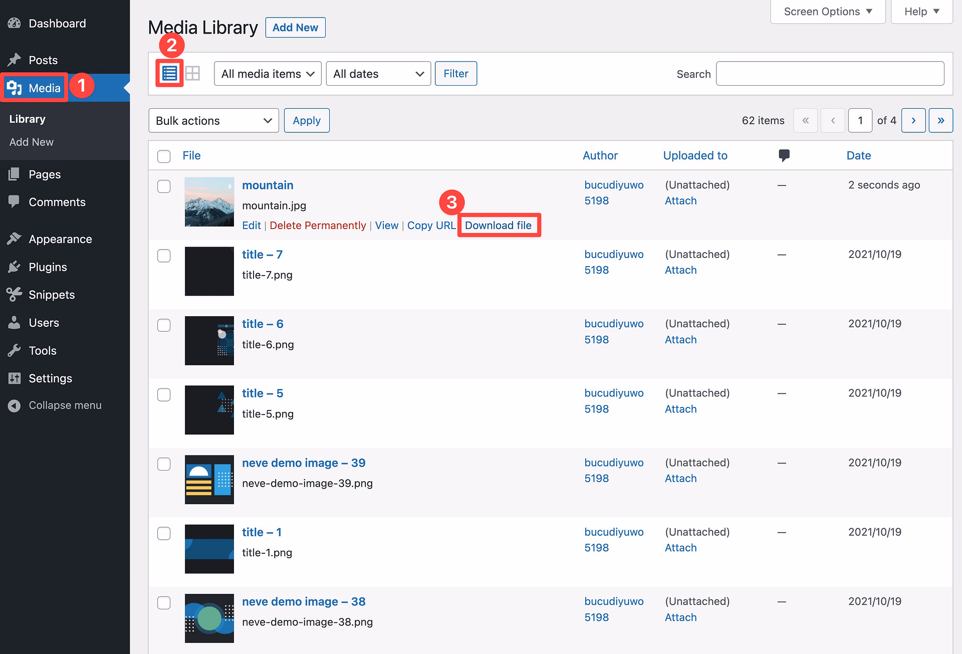 How to download images from WordPress media library