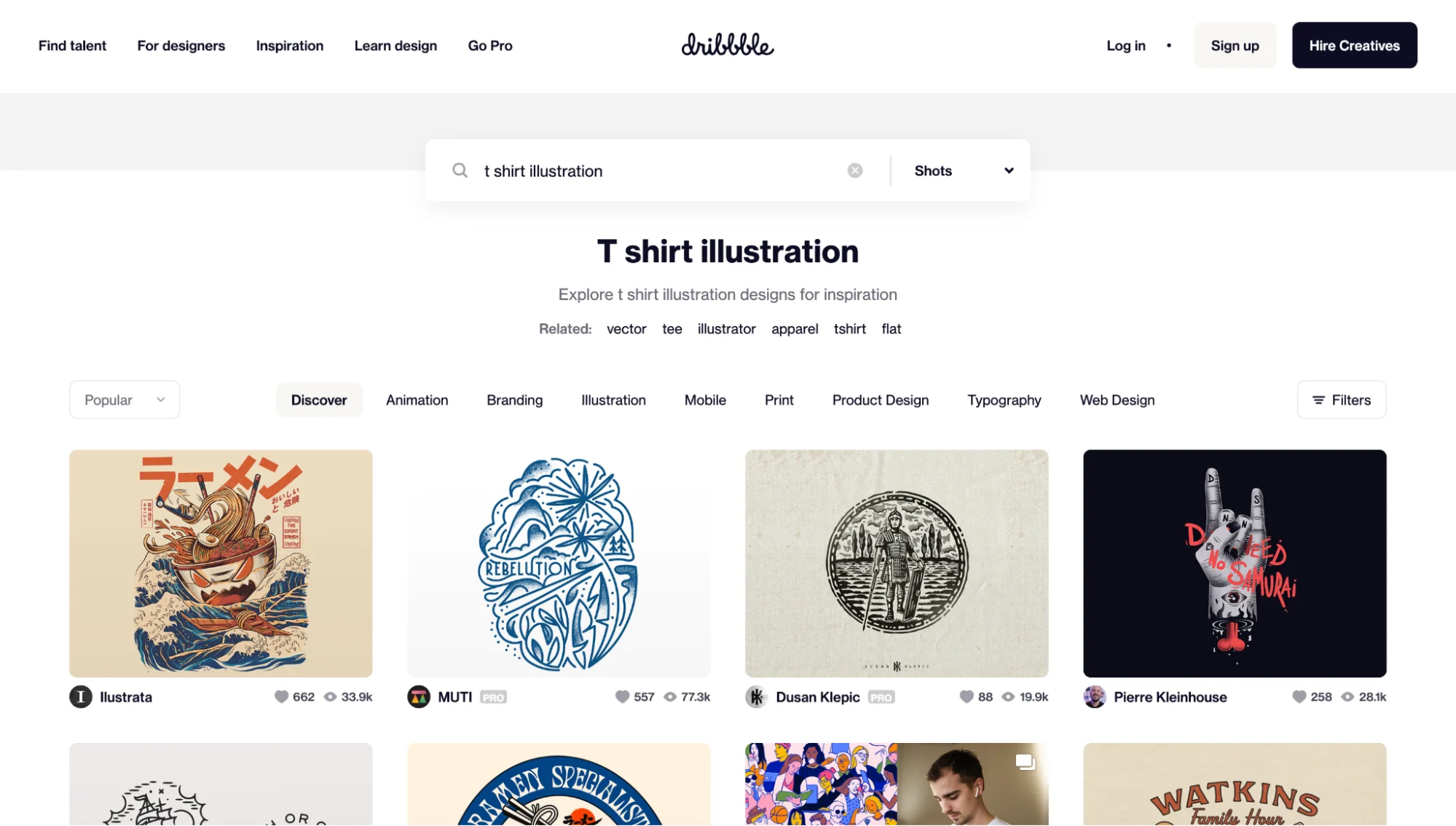 Eight images showing t-shirt illustrations on Dribbble below related search options and categories.