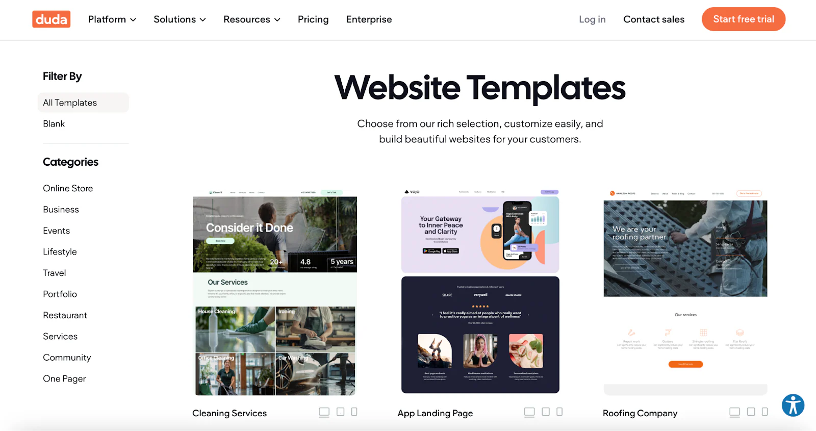A screenshot of themes available from Duda