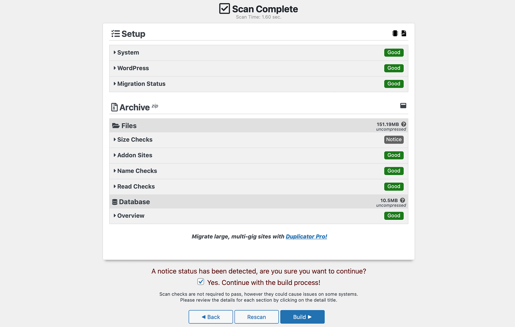 Duplicator backup scan