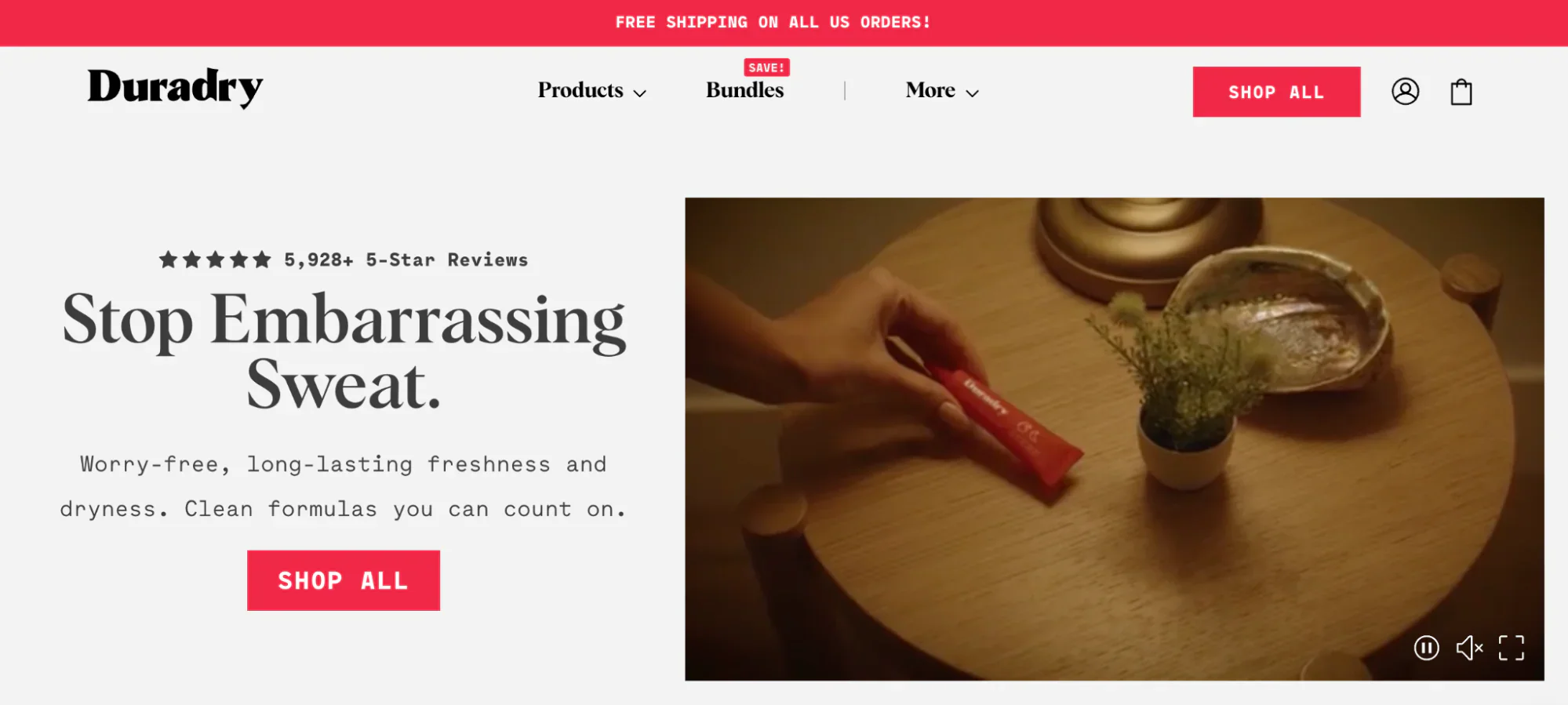 Duradry’s homepage with an image of its antiperspirant on a table