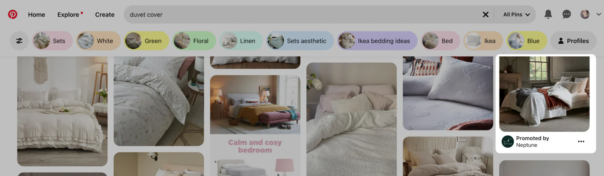 Pinterest search results for “duvet cover,” where Neptune has an advertisement.