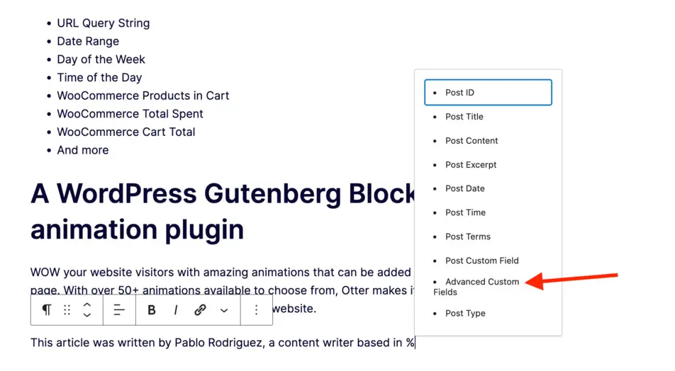 Adding Gutenberg dynamic content to a page by selecting the 
