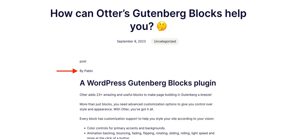 Checking that the dynamic value populates correctly on the front end by showing the author's name.