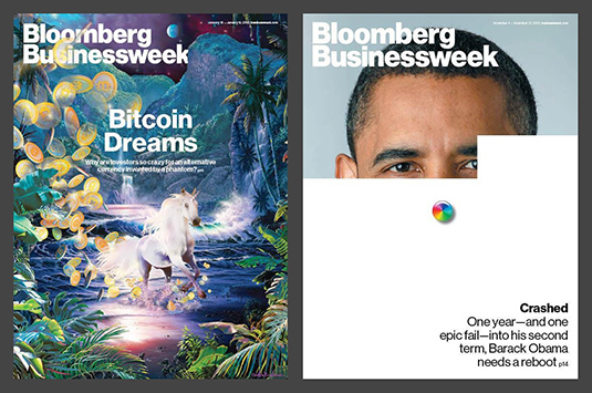 Bloomberg Business Week takes a consistently inconsistent approach to its cover design, a direction introduced by Richard Turley that proved wildly successful and won many accolades. Bitcoin Unicorns anyone?