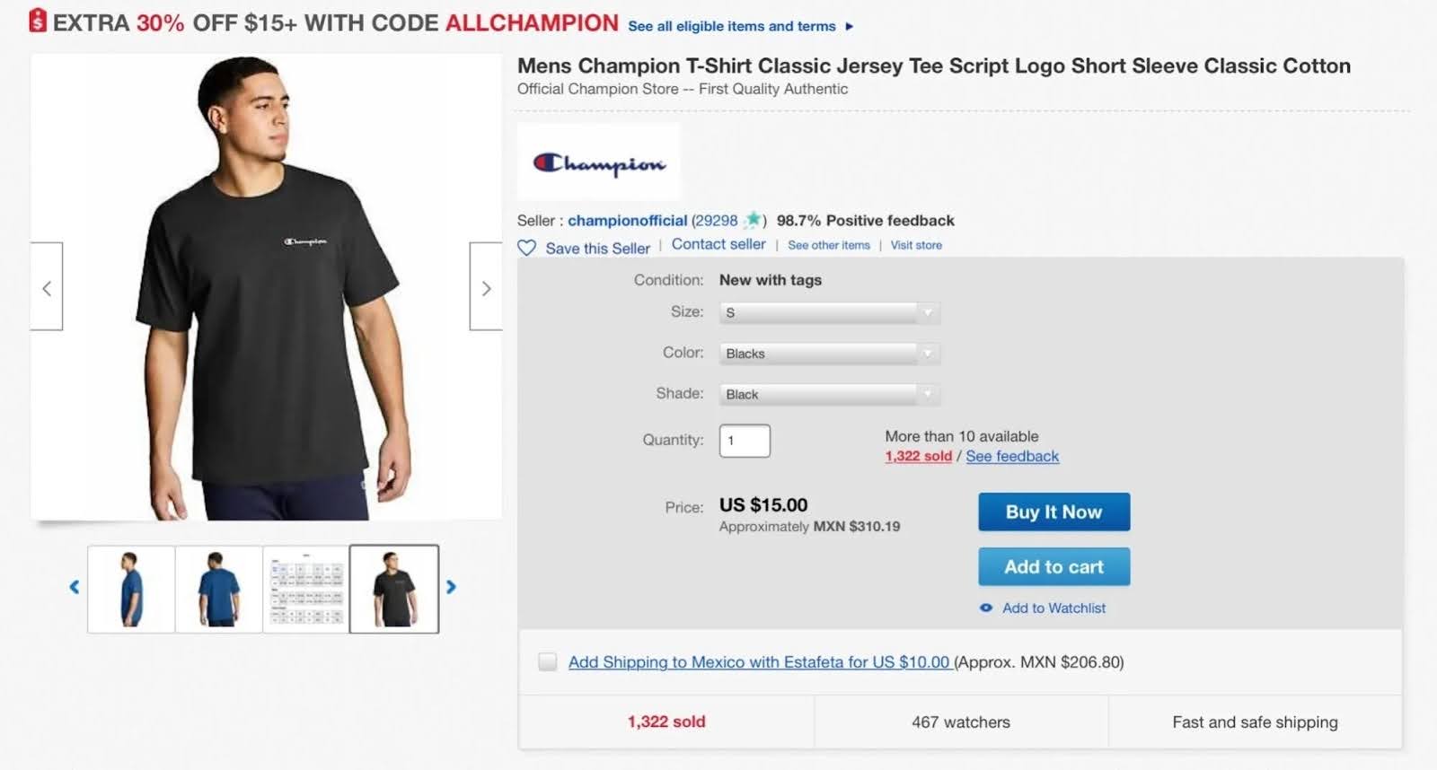An eBay page listing a Champion shirt.