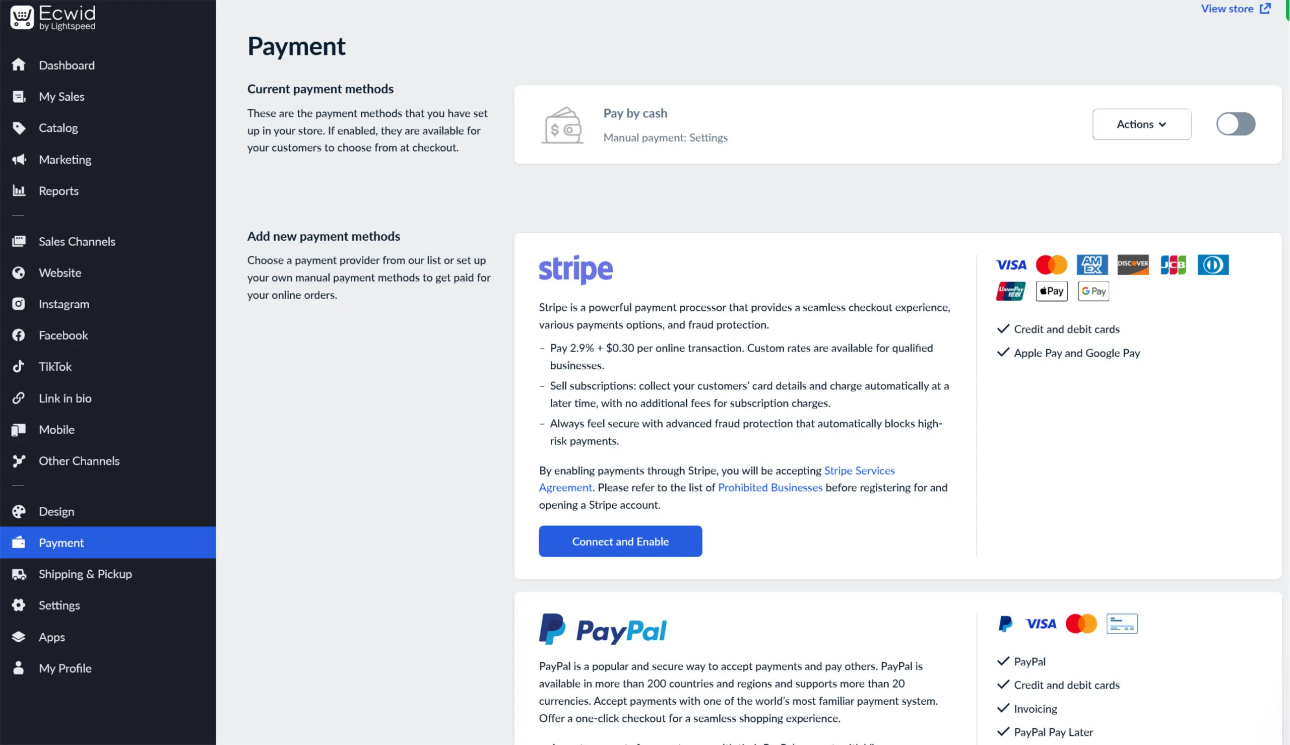 Screenshot of Ecwid’s payment processing dashboard.