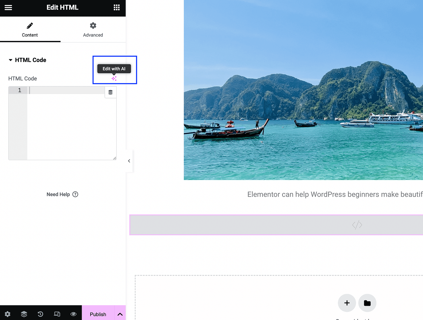 The Edit with AI button in Elementor's HTML widget.