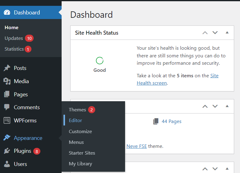 Accessing the Site Editor from the dashboard