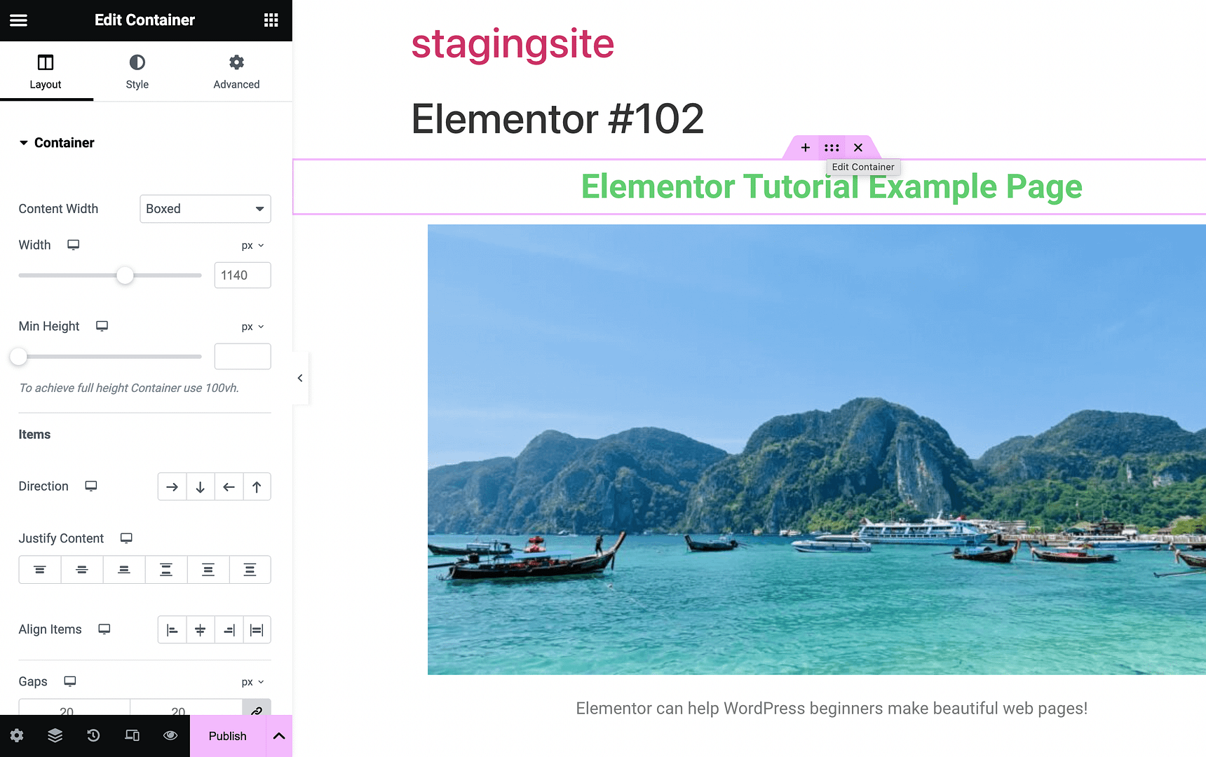 Edit a container in Elementor.