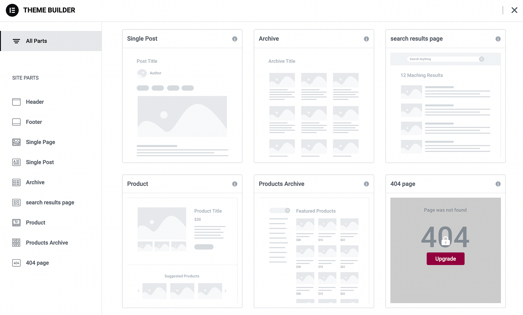 Exploring theme builder templates for the Elementor tutorial.