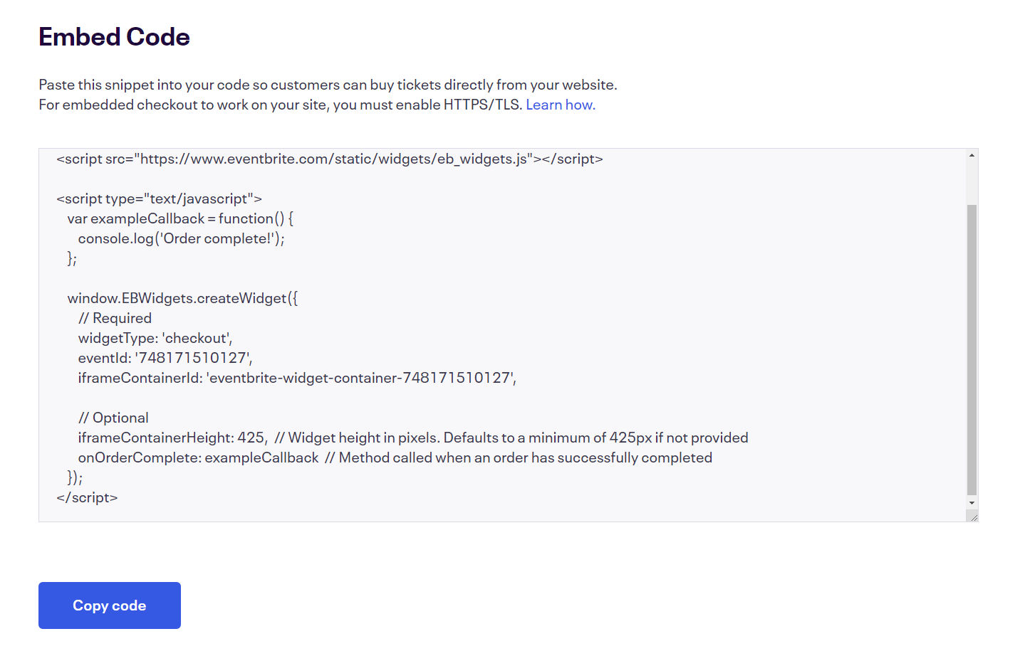 The embed code for an Eventbrite event.