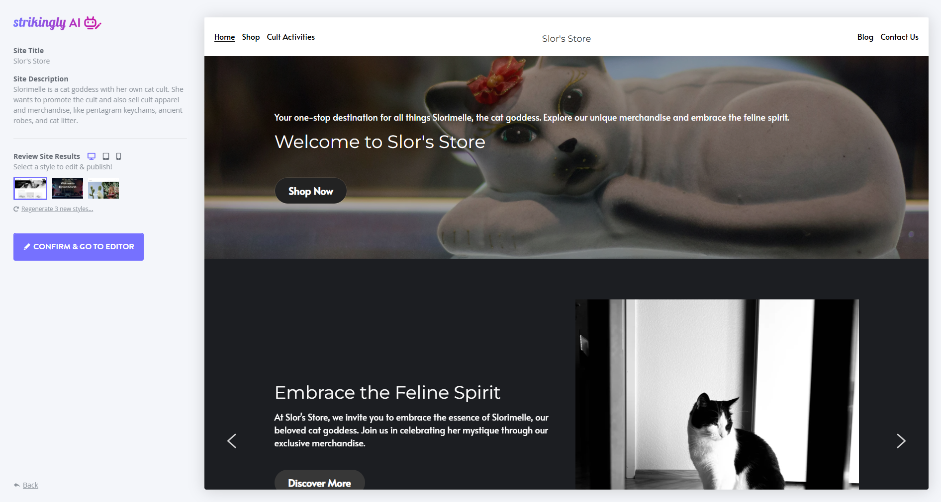 Screenshot of a Strikingly AI-generated website.