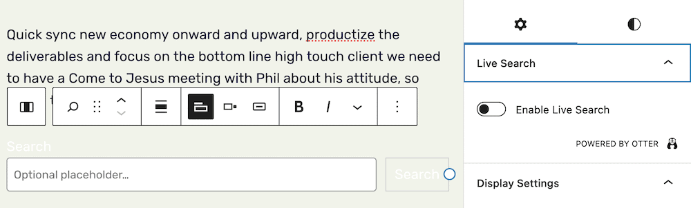 The Live AJAX Search WordPress function in the sidebar within Otter Blocks.