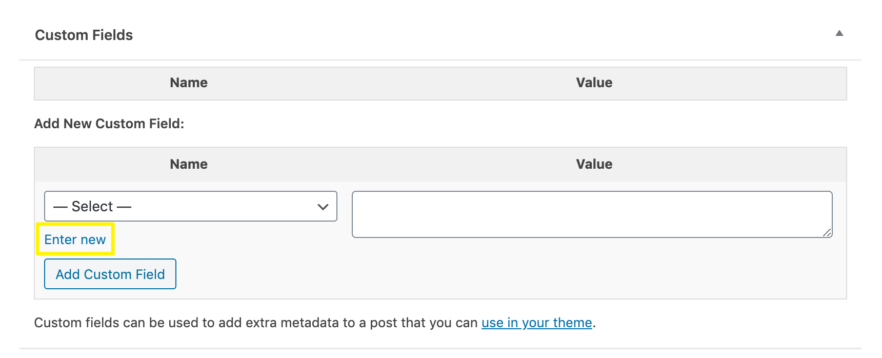 The Enter New custom field option.