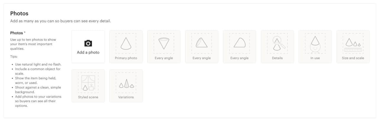 A backend look at photo guidelines when uploading a listing on Etsy.