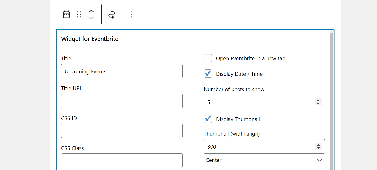 Configuring the Eventbrite widget.