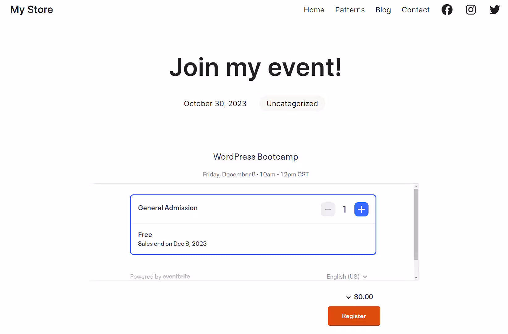 An Eventbrite event in WordPress.