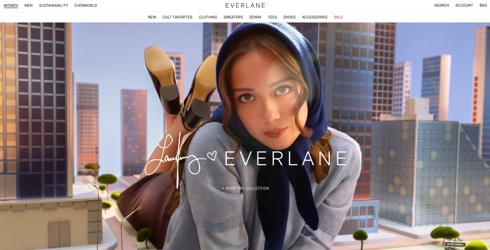 Everlane’s homepage with a video of a woman looking through a wardrobe.