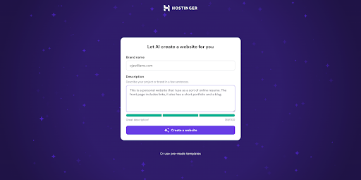 A screenshot of the Hostinger AI website builder, it is has a purple background an white text box