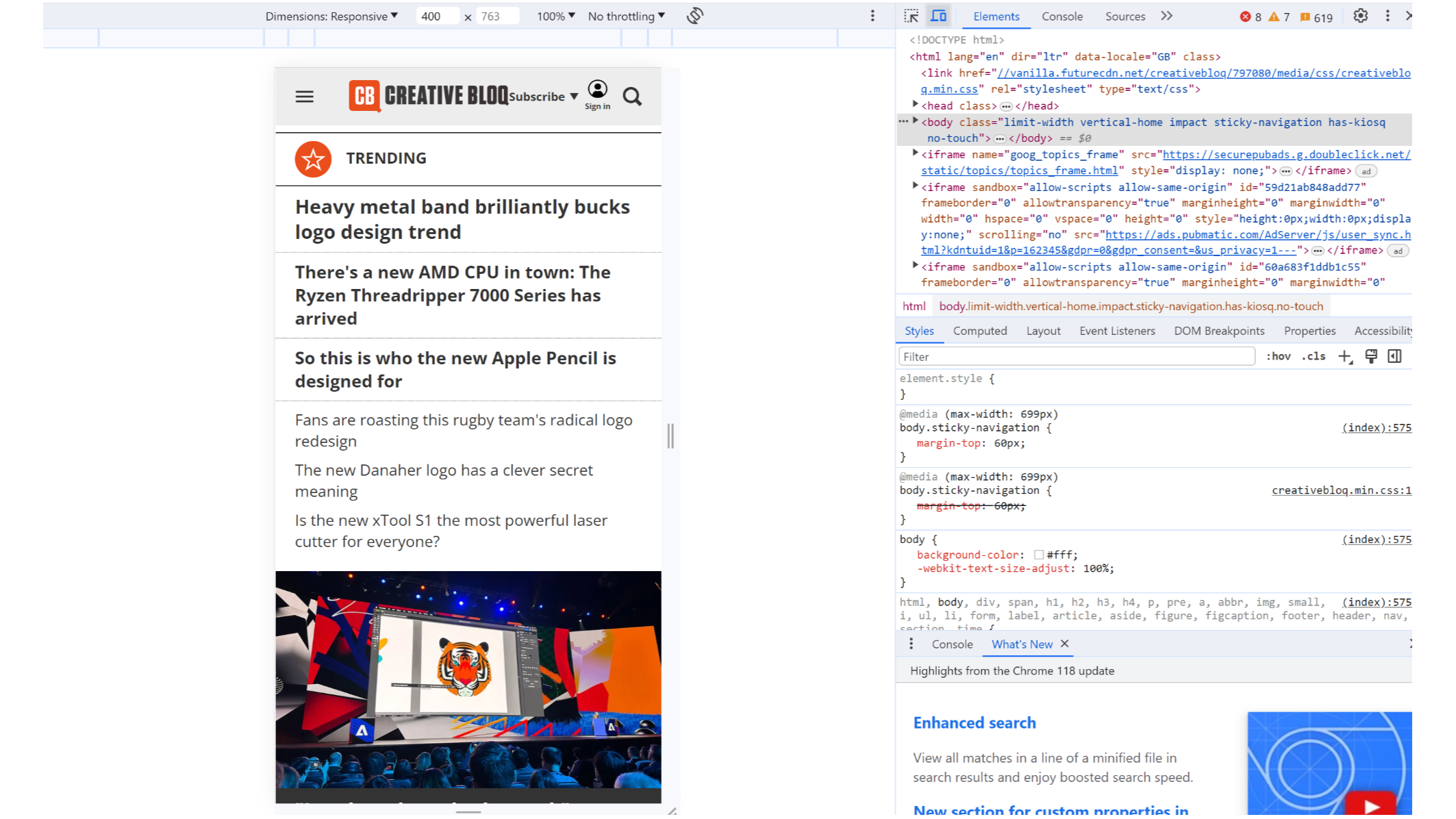 A screengrab from Google Chrome Inspect, one of the best website responsiveness testing tools
