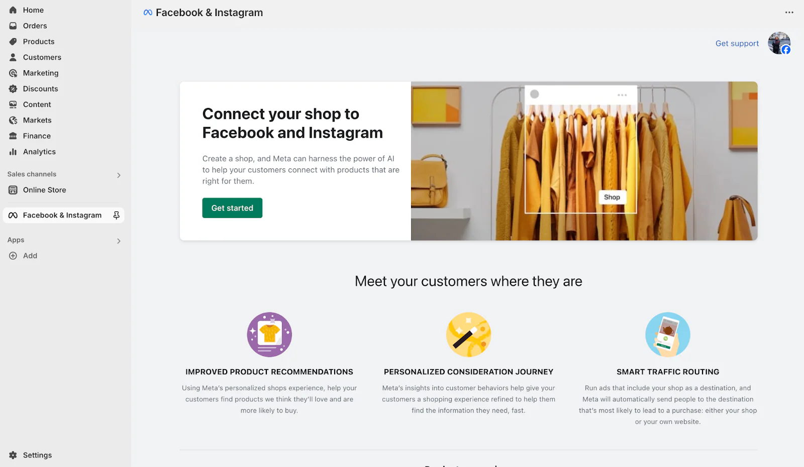 Screenshot of Facebook and Instagram app in Shopify admin.