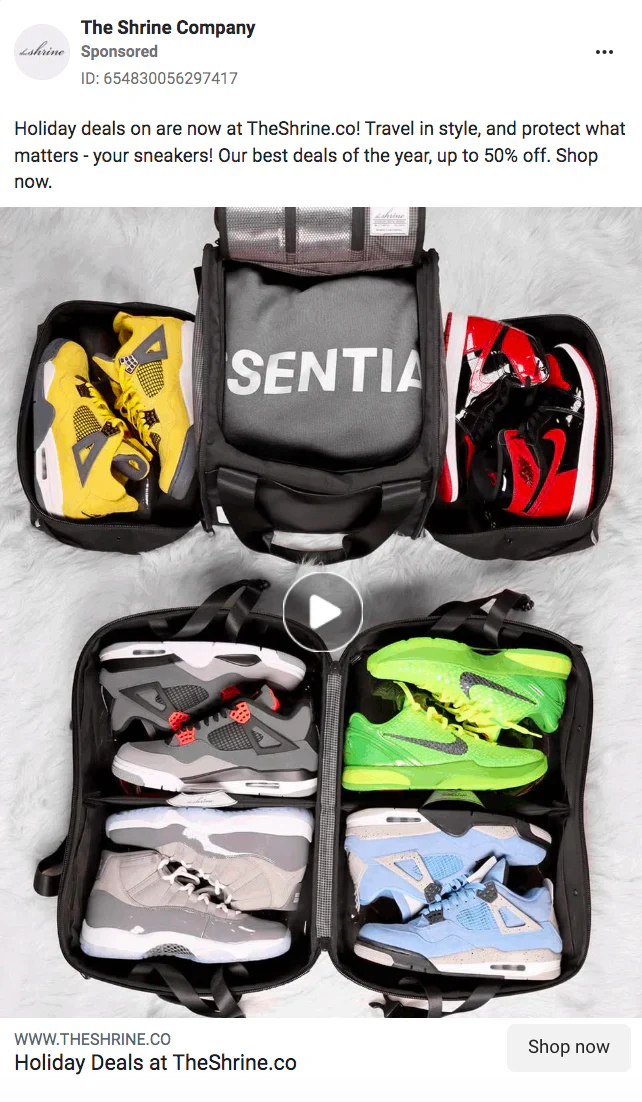 Facebook ad with a video of running sneakers in a suitcase that offers 50% off during Black Friday.