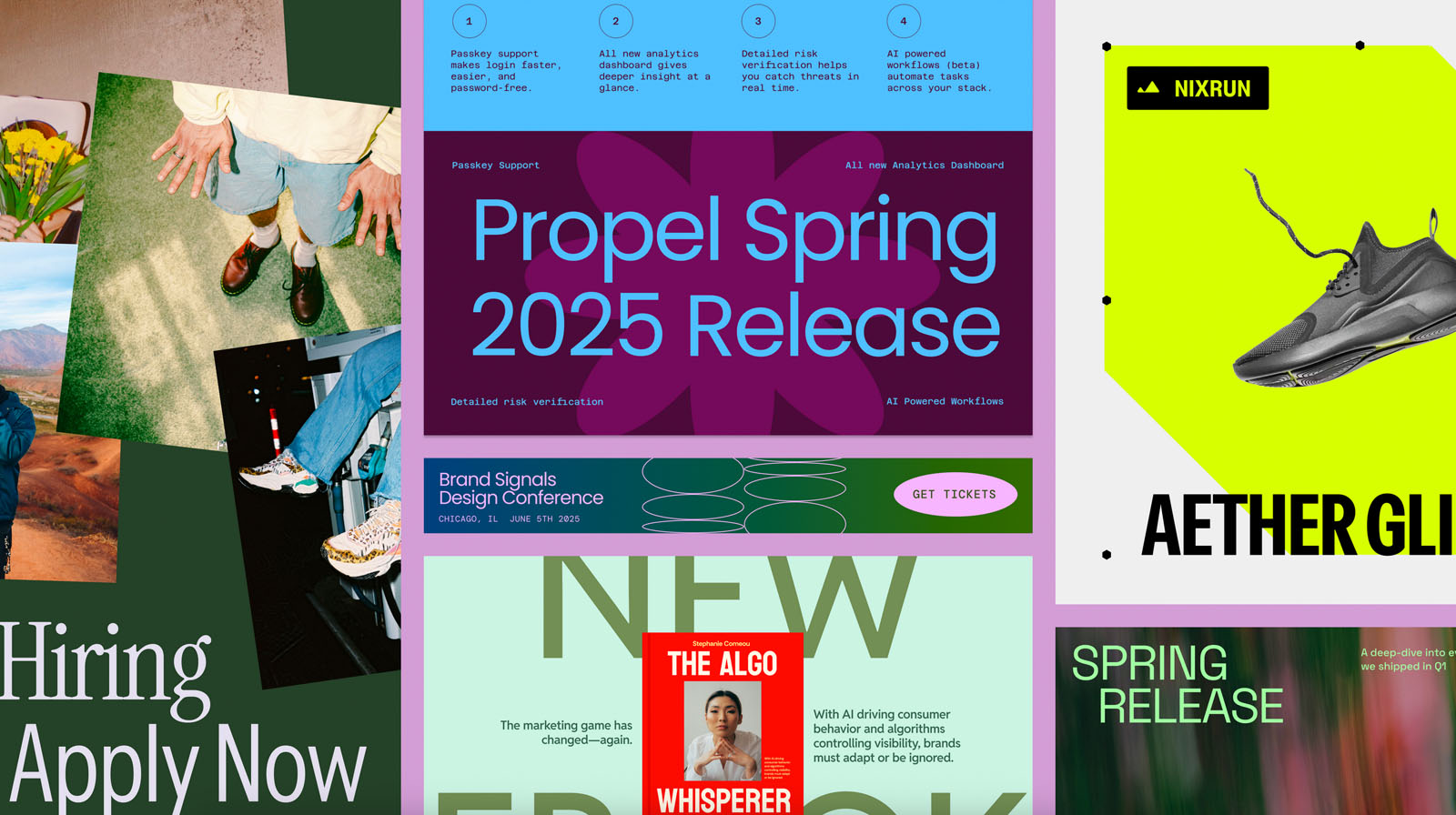 A collage of colorful web page designs featuring event announcements, job postings, shoe advertisements, and headlines like “Propel Spring 2025 Release,” with bold text and modern, vibrant layouts.