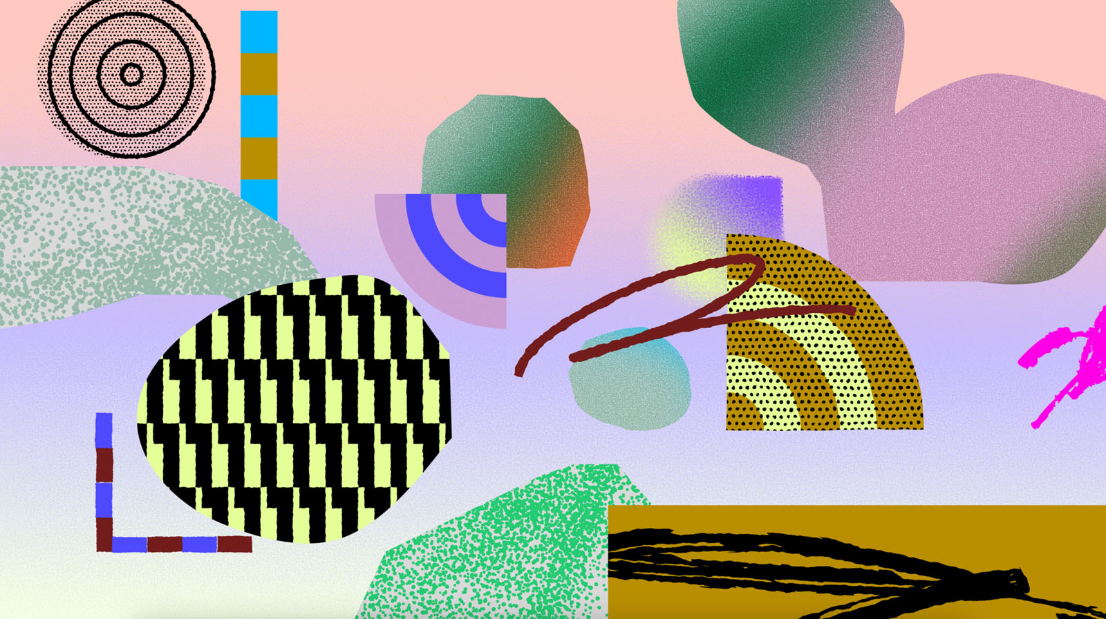 Abstract digital art with geometric shapes, textured patterns, bold colors, and gradients. Contains circles, ovals, curved lines, and rectangles on a pink and purple background with green and yellow accents.